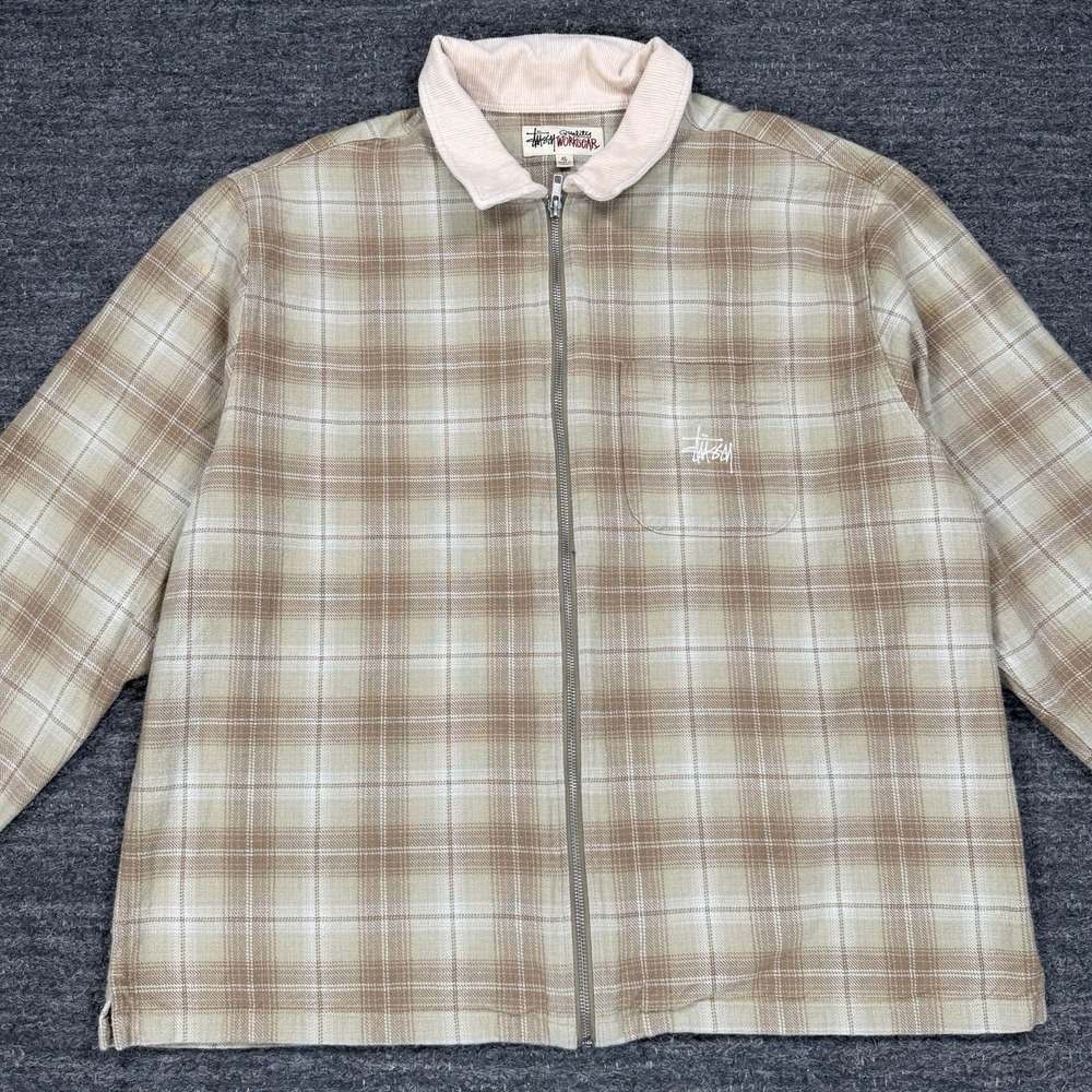 Stussy Frank Plaid Zip Shirt Jacket Men XL Tan Quality Workwear Corduroy Collar